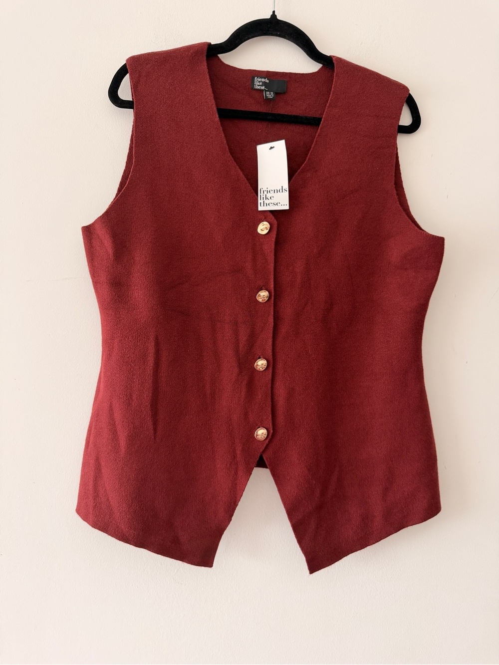 Friends Like‎ These Knit Vest Women 12 Burgundy NWT Gold Button V-Neck W18-097